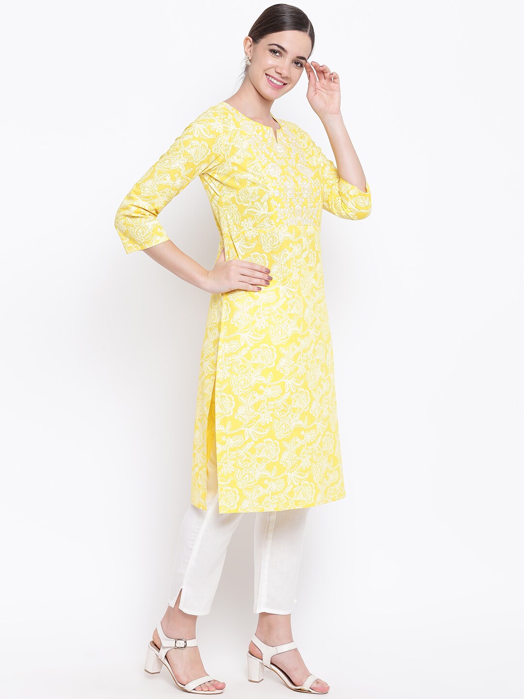 Be Indi Women Yellow & White Printed Kurta