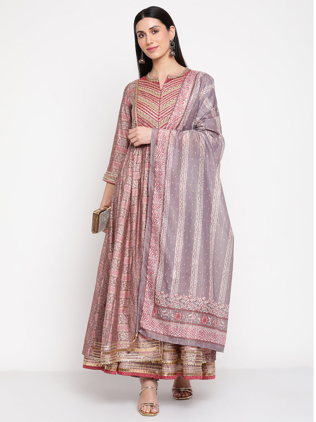 Be Indi Womens Pink Kurta With Gathers And High Slit Opening, Sharara Dupatta.