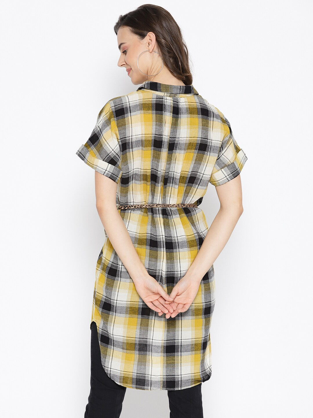 BeIndi Women Pink & Black Checked Longline Shirt Style Top