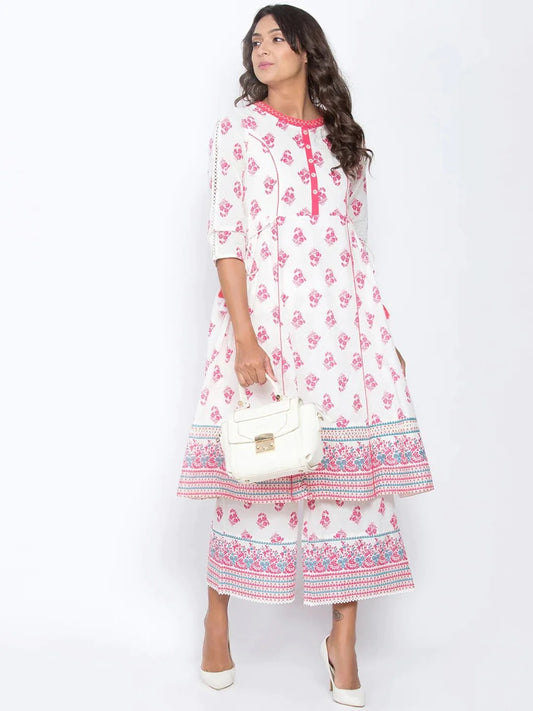 Be Indi Women Pink & White Printed Straight Palazzos