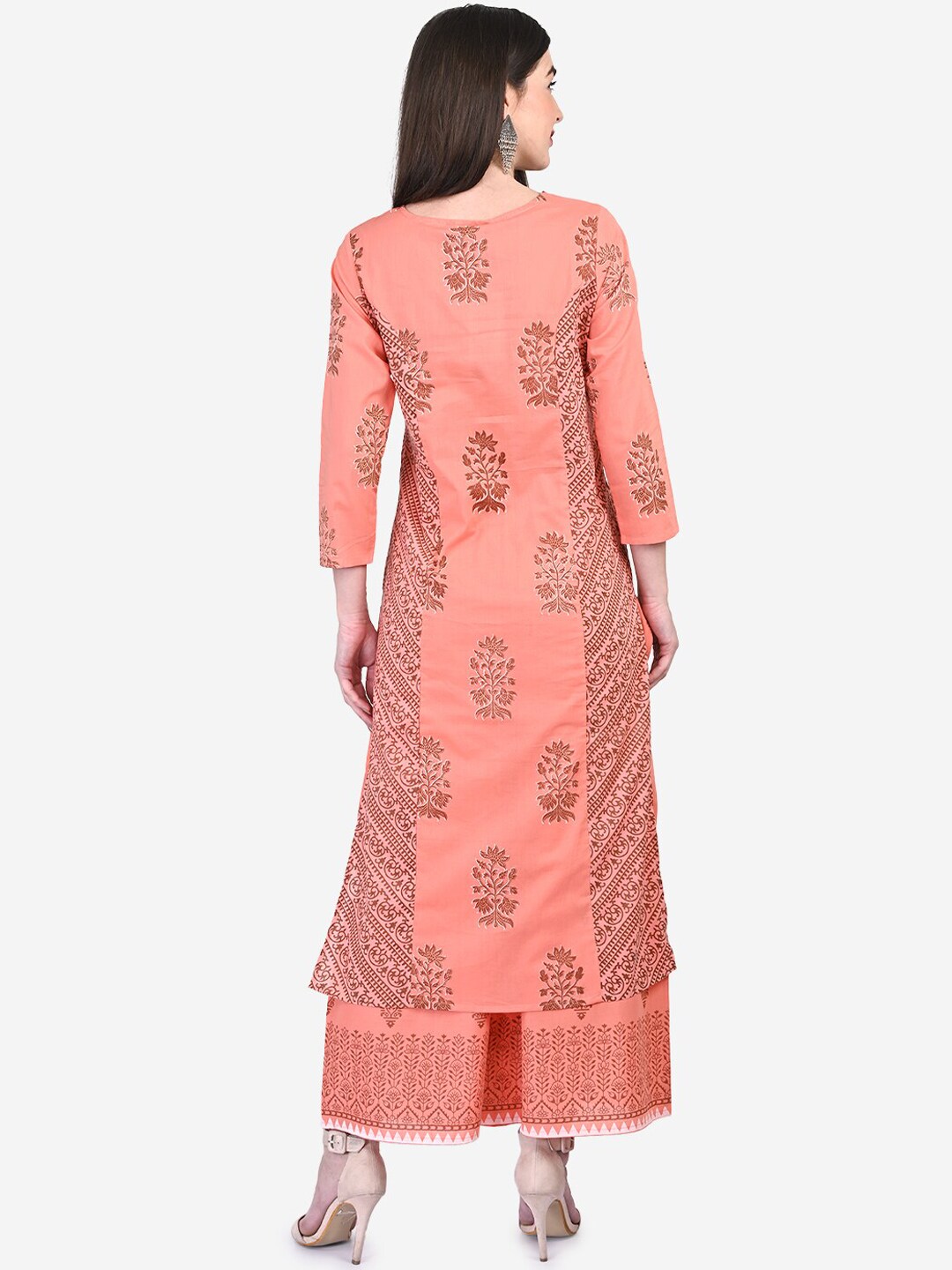 Be Indi Women Peach Floral Printed Regular Pure Cotton Kurta with Palazzos & With Dupatta