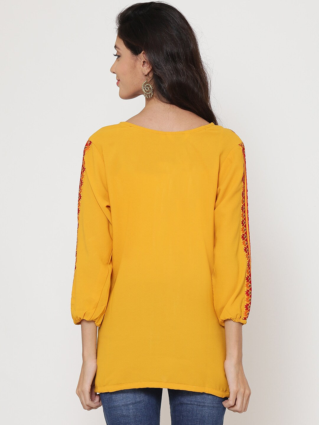 BeIndi Women Mustard Yellow Self Design A-Line Longline Top