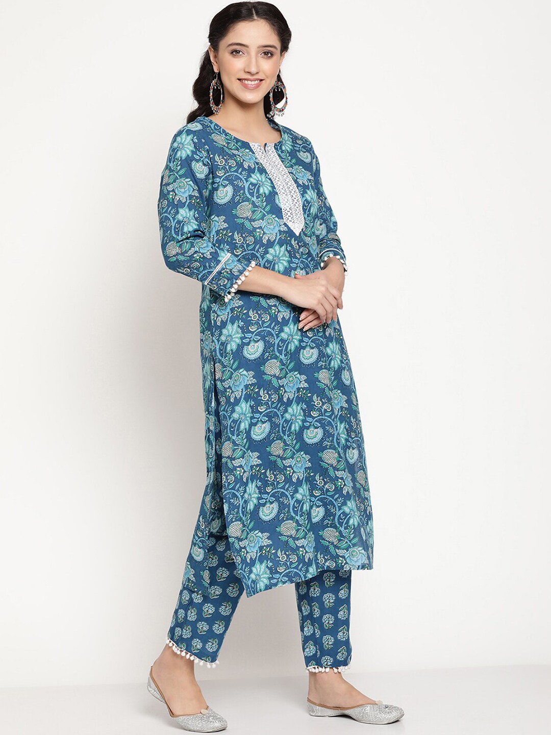 Be Indi Women Blue Floral Embroidered Empire Pure Cotton Kurti with Trousers