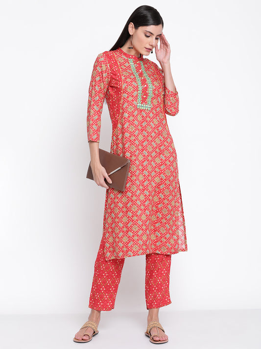 Be Indi Women Coral Ethnic Motifs Embroidered Kurta with Trousers