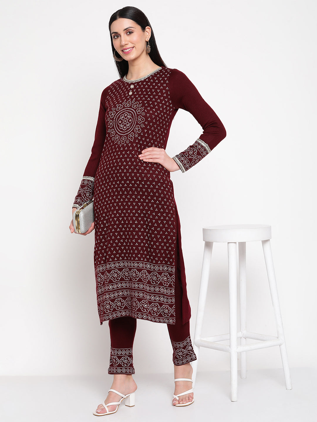 Be Indi Women Winter Daffodil Maroon Printed Straight Kurta With Trouser .