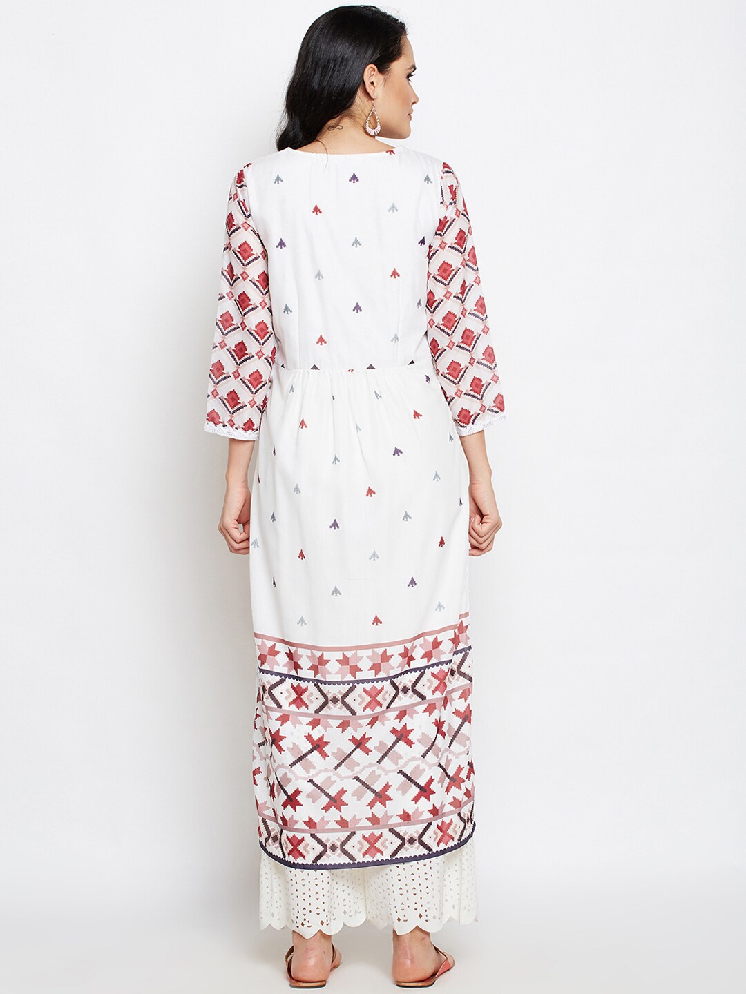BeIndi Women Off-White & Red Printed Straight Kurta