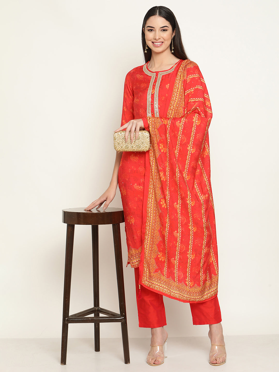 Be Indi Women Red Fancy Lace Kurta With Pant & With Dupatta