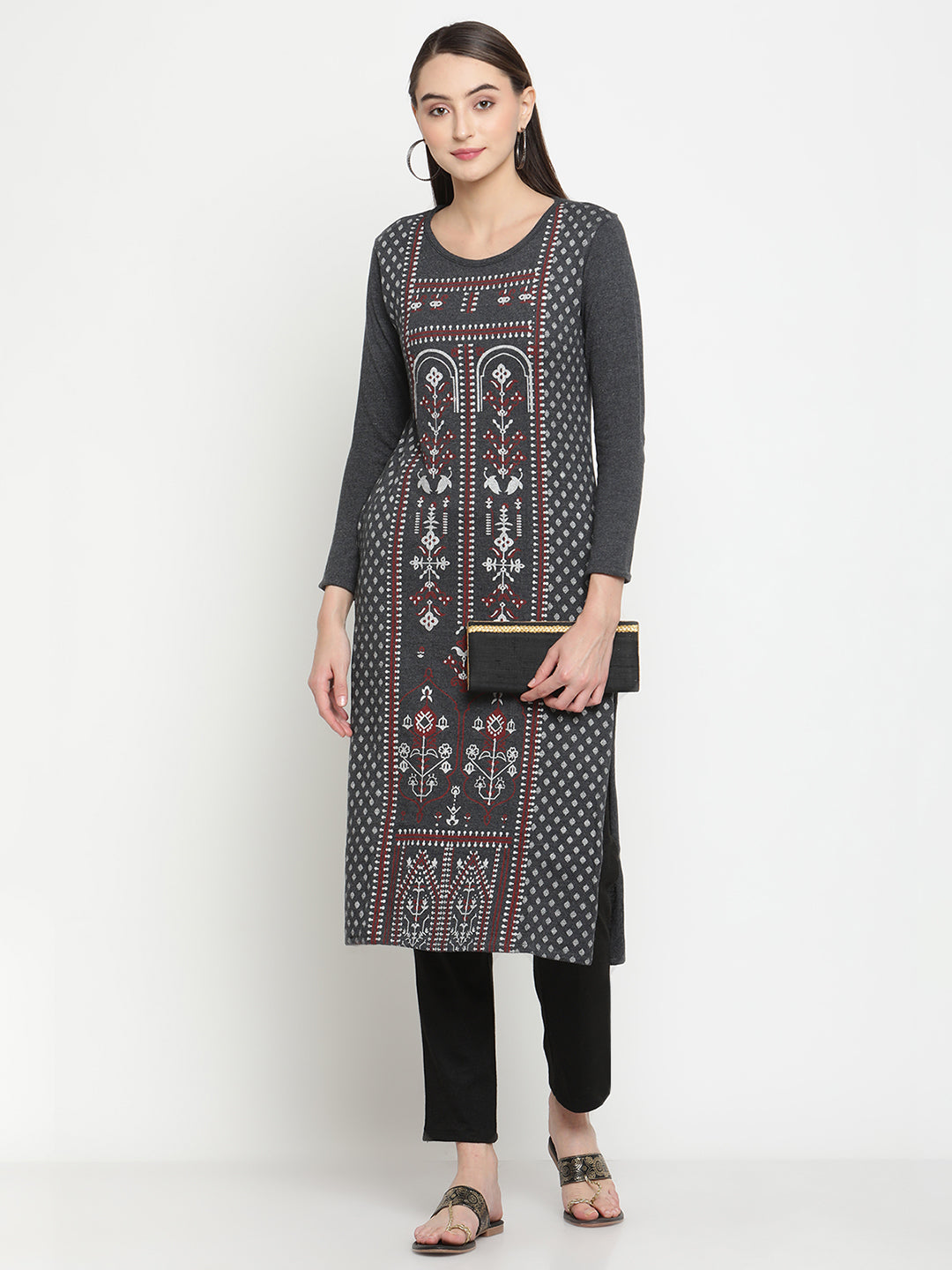 BeIndi Knitted Women Winter Grey Ethnic Printed Kurta