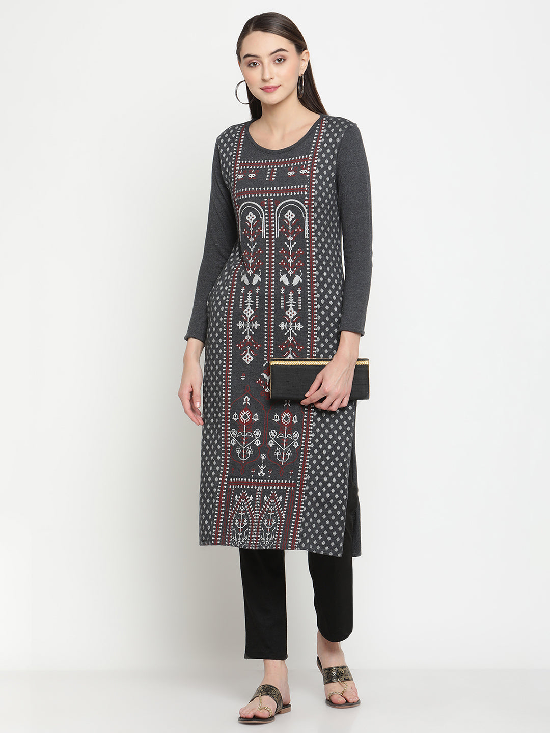 BeIndi Knitted  Women Winter Grey Ethnic Printed Kurta