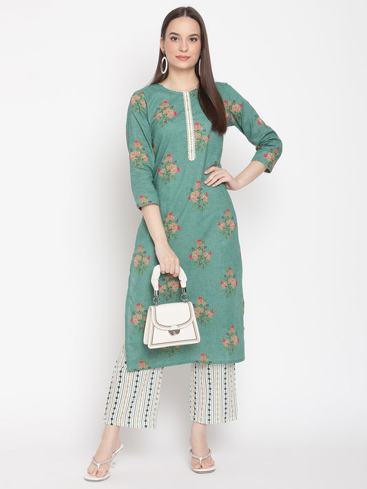 Be Indi Women Green Floral Printed Regular Pure Cotton Kurta with Trousers