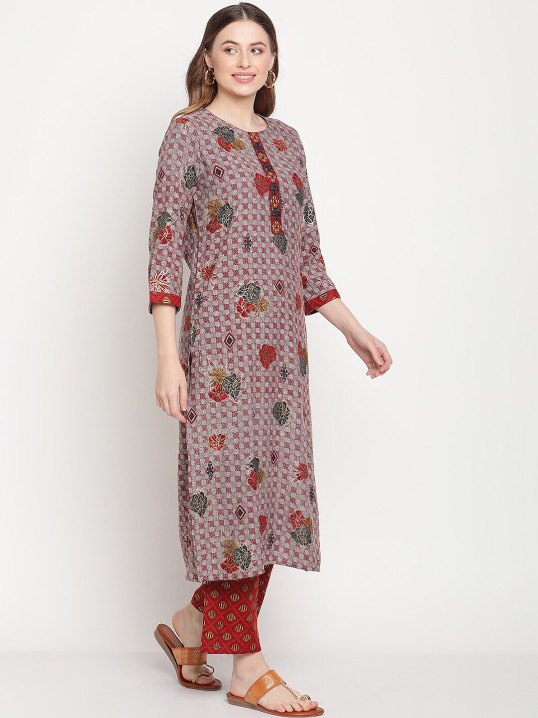 Be Indi Women Grey Red Floral Foil Printed Mirror Placket Kurta with Pant