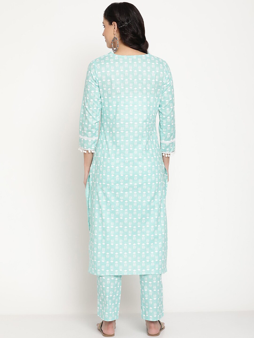 Be Indi Women Sea Green Printed Cotton Lace And Gotta Patti Yoke Design Kurta With Pant