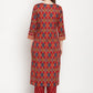 BeIndi Women Maroon Ikat Print Embroidered Yoke Design Kurta With Pant