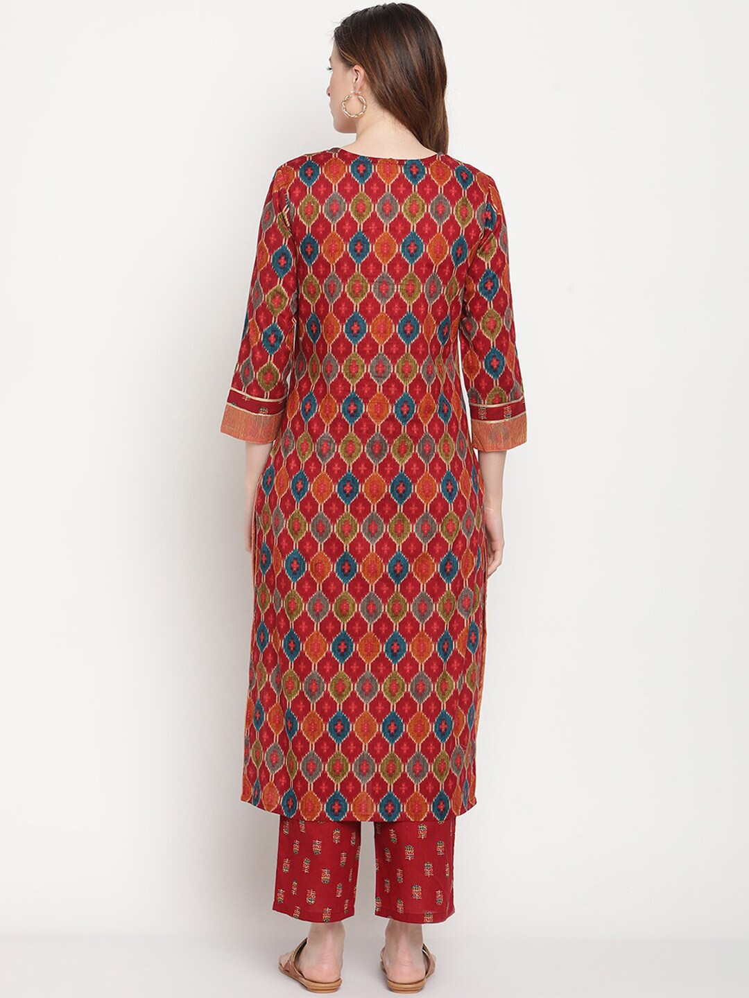 BeIndi Women Maroon Ikat Print Embroidered Yoke Design Kurta With Pant