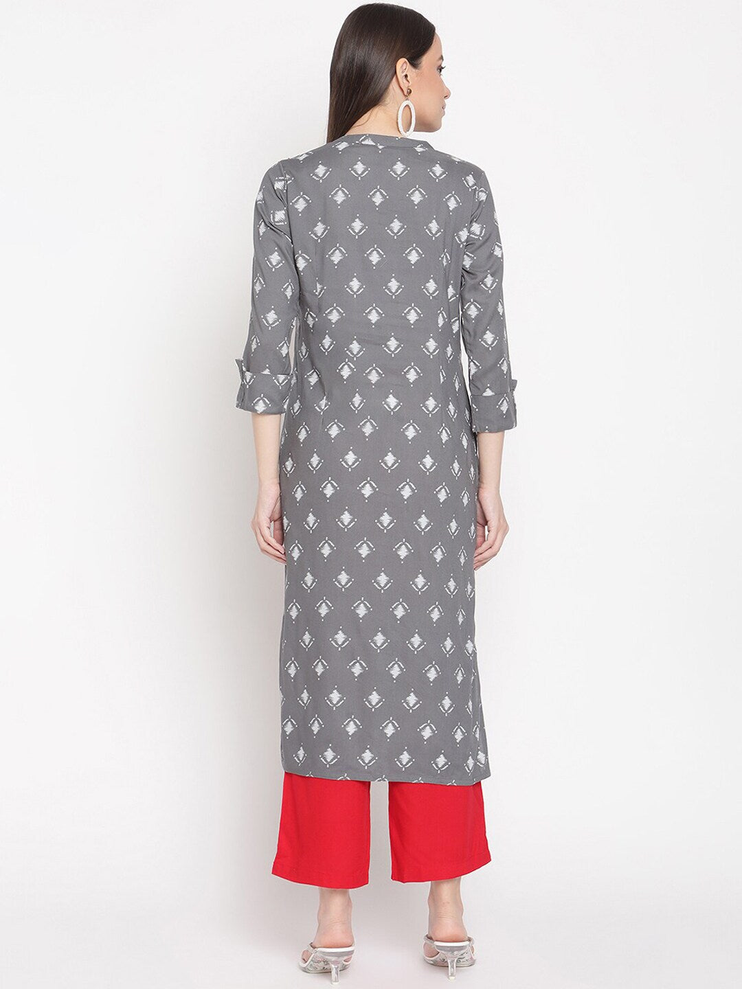 Women grey white color ikat printed hand work detailing kurta With Palazzo