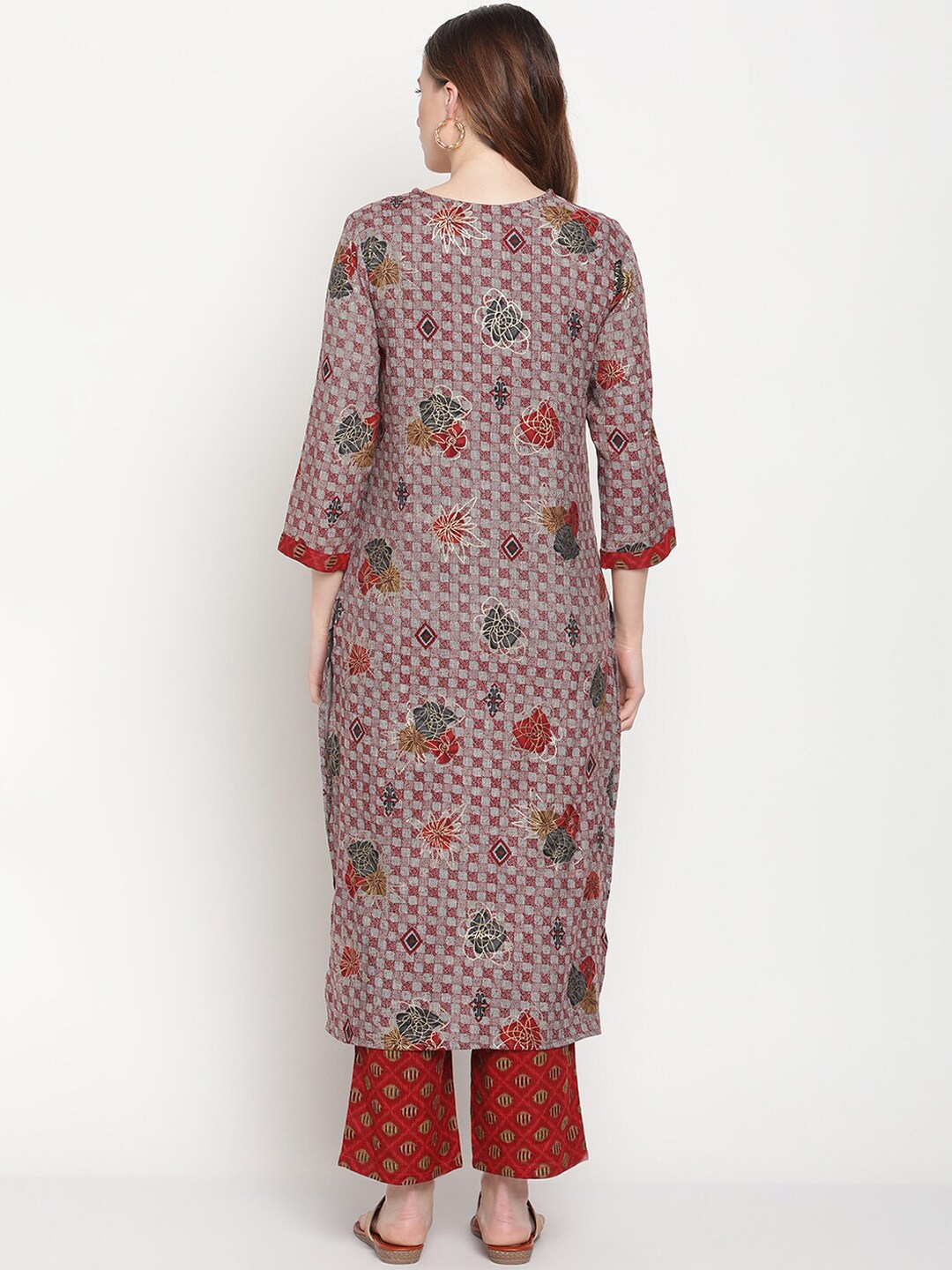 Be Indi Women Grey Red Floral Foil Printed Mirror Placket Kurta with Pant