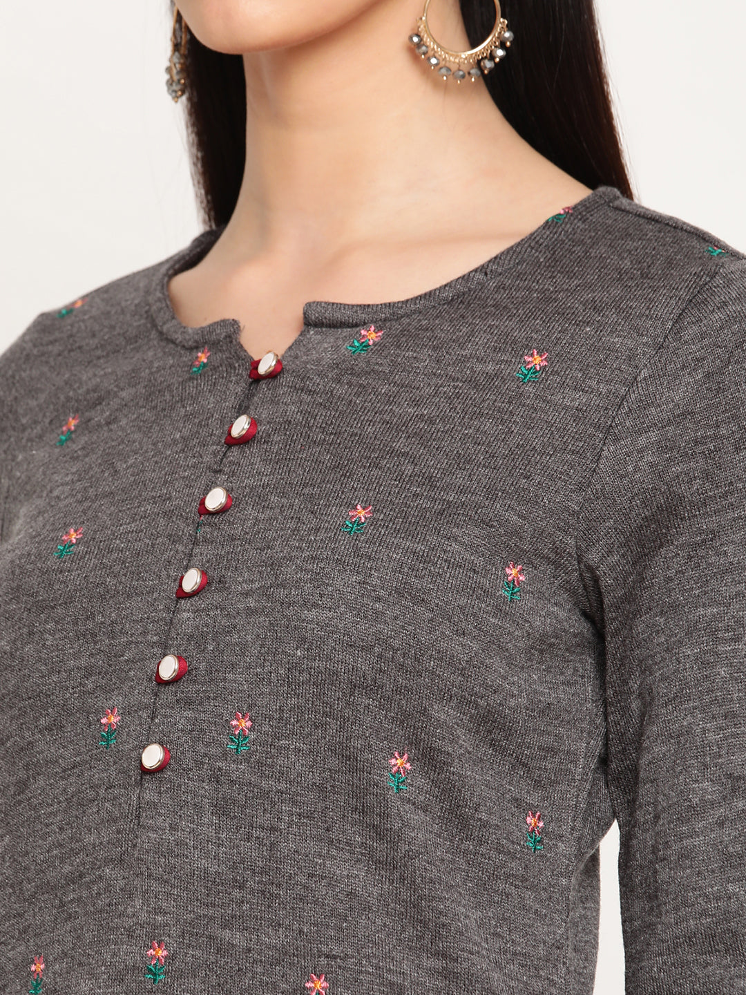 Be Indi Women Winter Daffodil Grey Embroidered Straight Kurta With Trouser & With Velvet Dupatta.