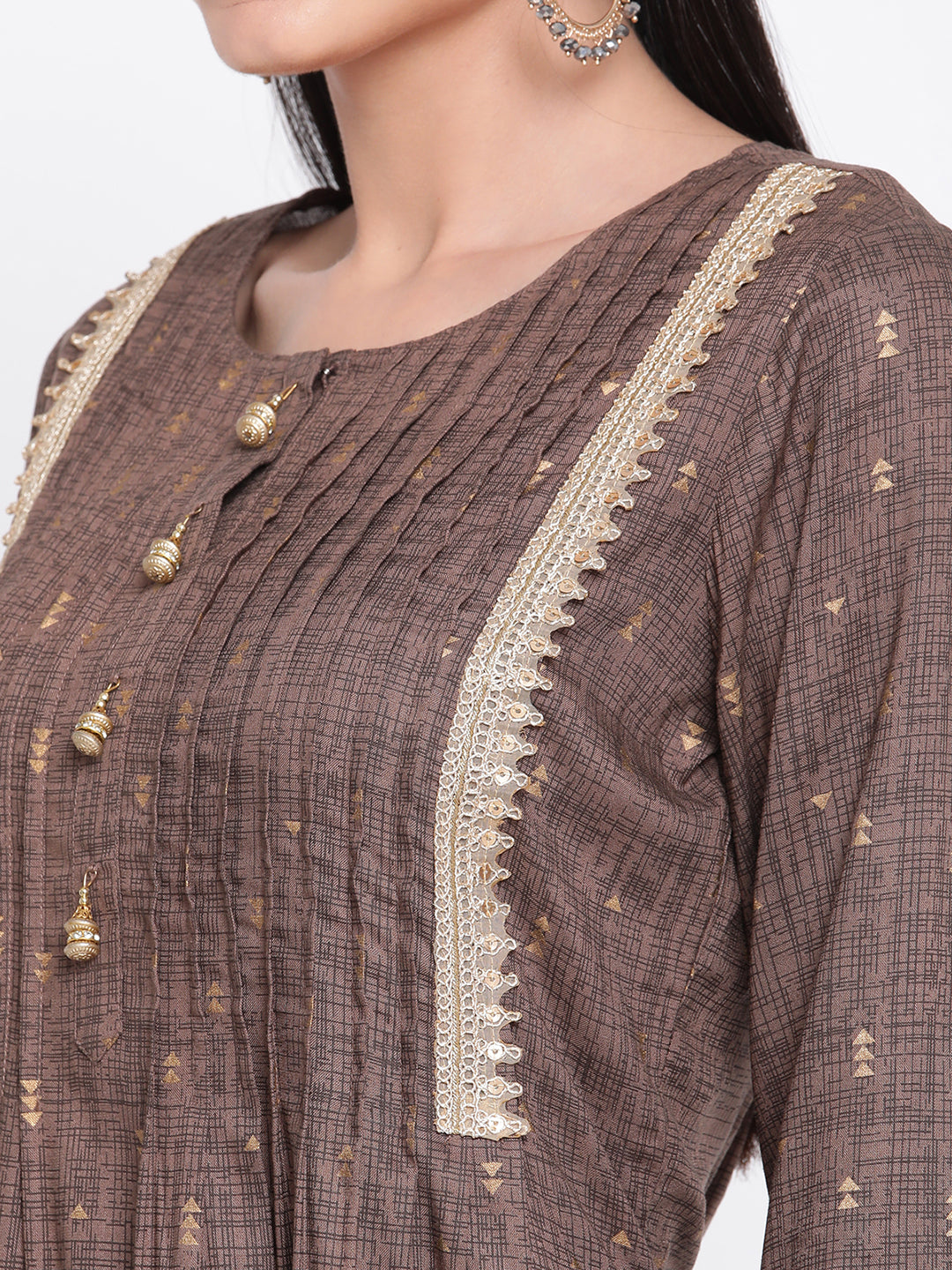 Be Indi Women Foil Printed Brown Pintuck Kurta With Fancy Buttons And Lace Detailing