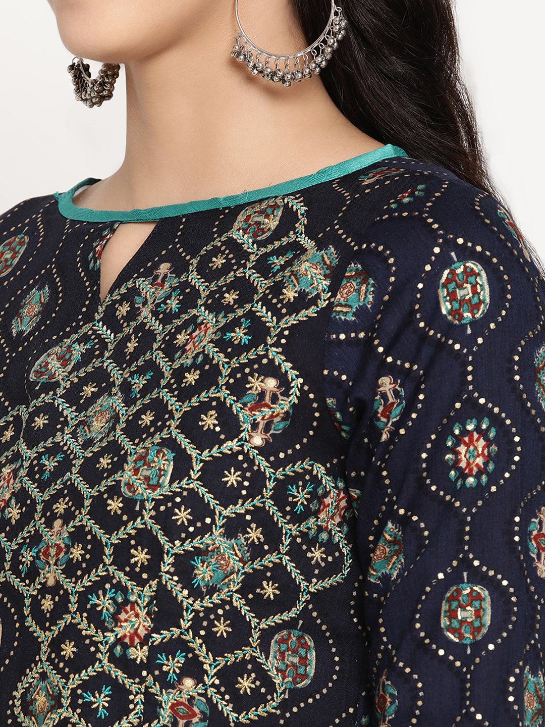 Be Indi Women Navy Golden Printed With Contrast Embroidered And Trim Detailing Maxi Dress