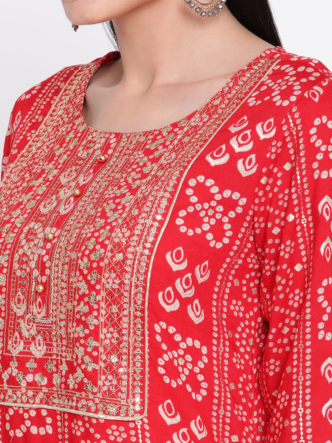 Be Indi Women Red Printed Kurta with Zari Embroidered Yoke