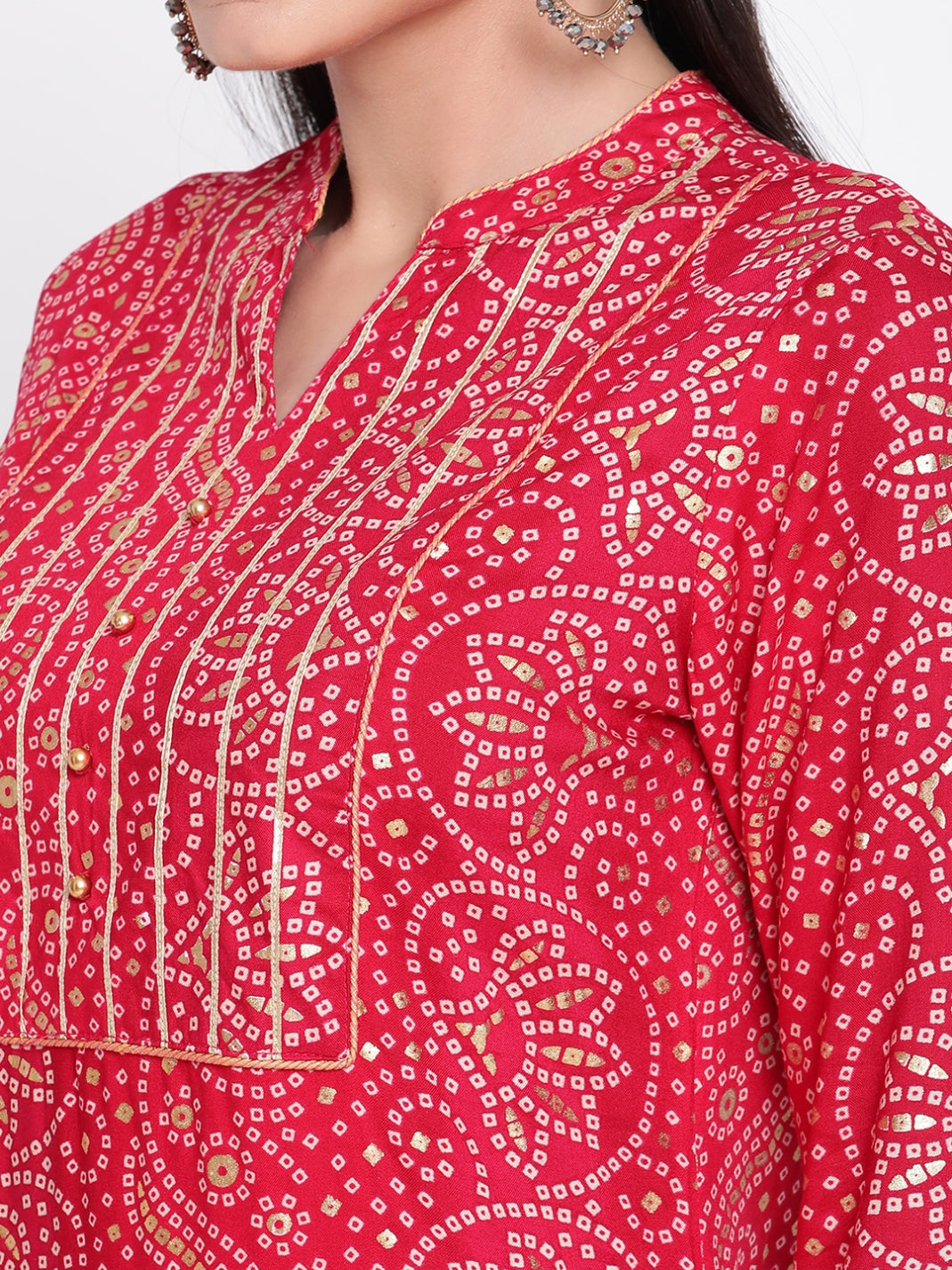 Be Indi Women Fuchsia Bandhini Printed Mandarin Collar, Yoke Kurta