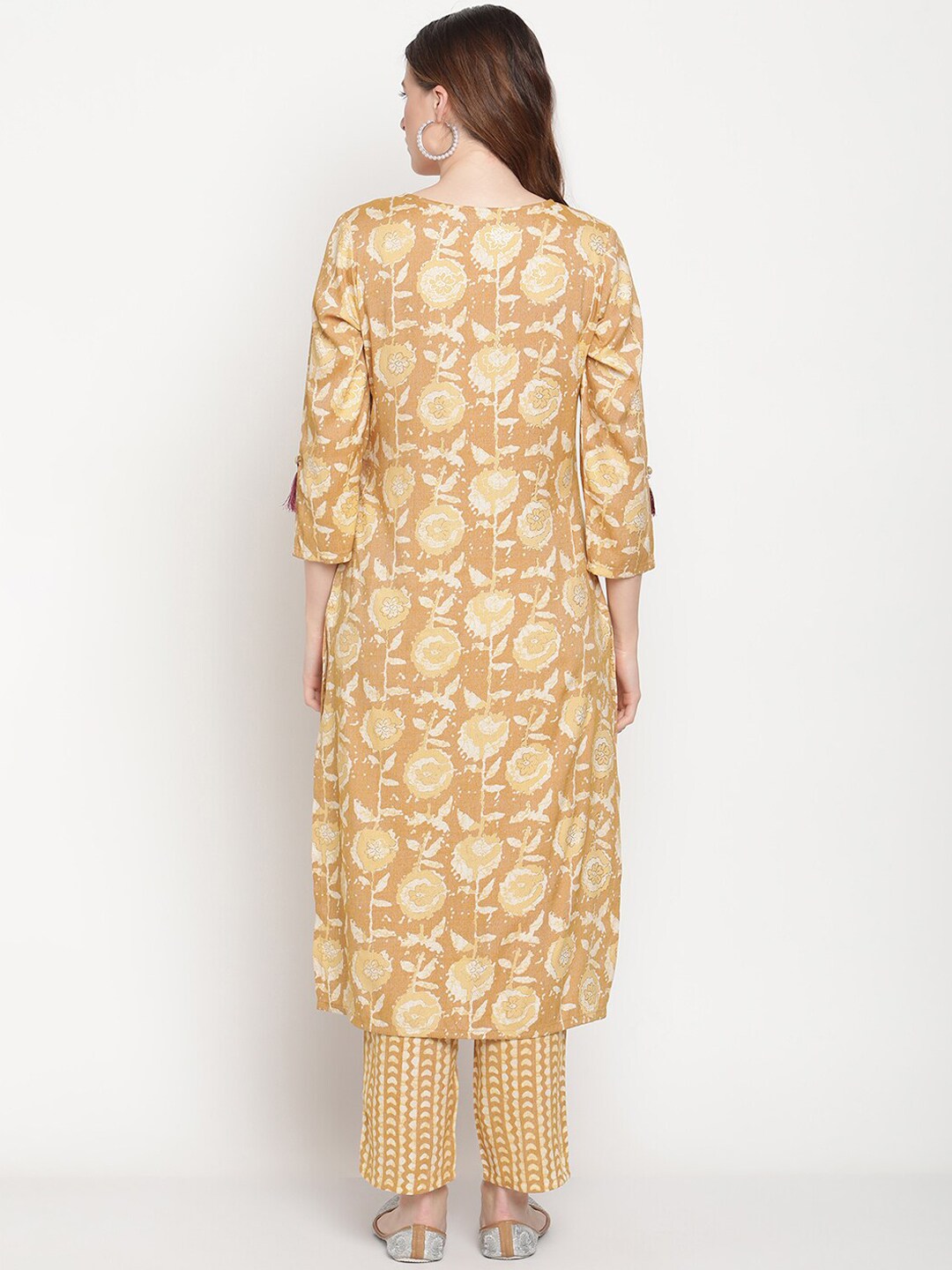 Be Indi Women Mustard Thread & Zari Embroidered Kurta With Elasticated Pant