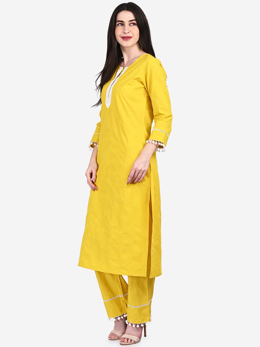 Be Indi Women Yellow Regular Pure Cotton Kurta with Trousers
