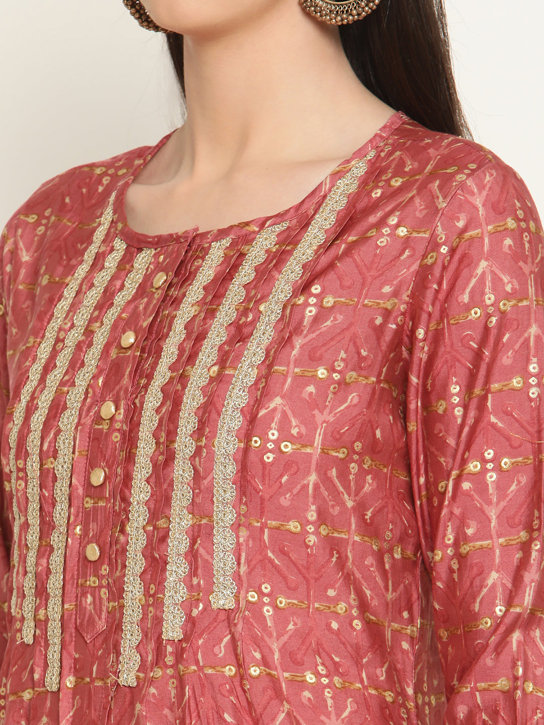 Be Indi Women Pink Pintuck Kurta With Printed Trouser