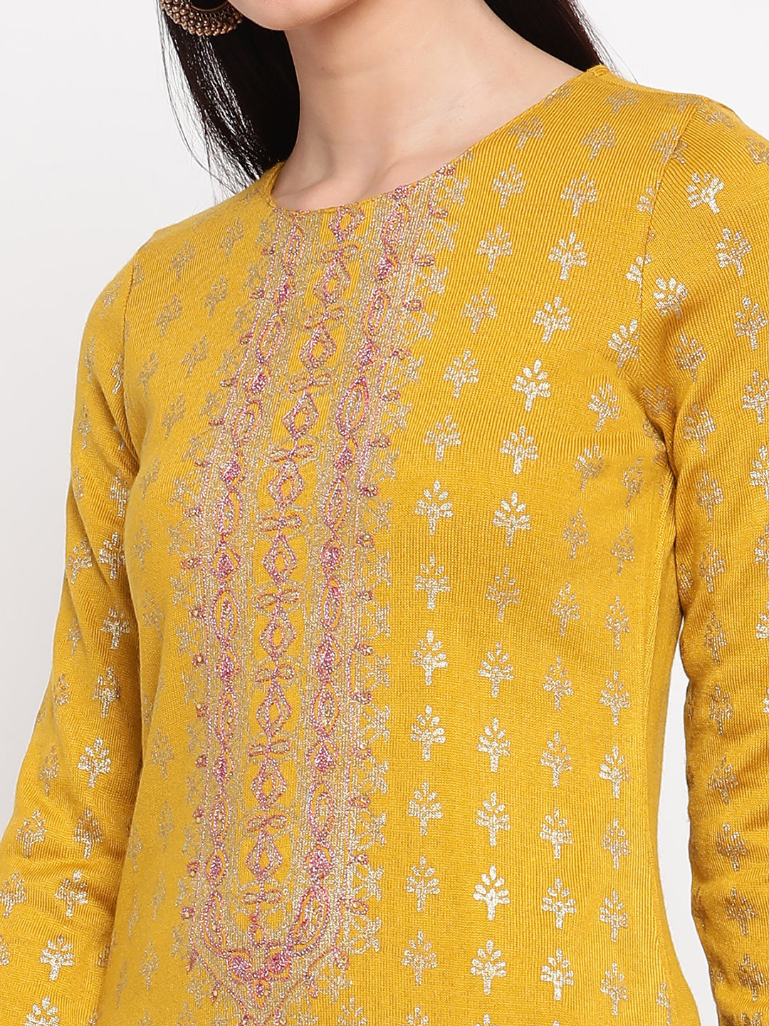 Be Indi Women Winter Daffodil  Muatard  Aari Work With Foil Printed Kurta With Trouser & Dupatta.