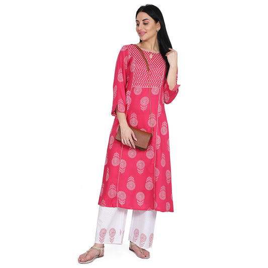 Be Indi Women Pink & White Printed Kurta with Palazzos