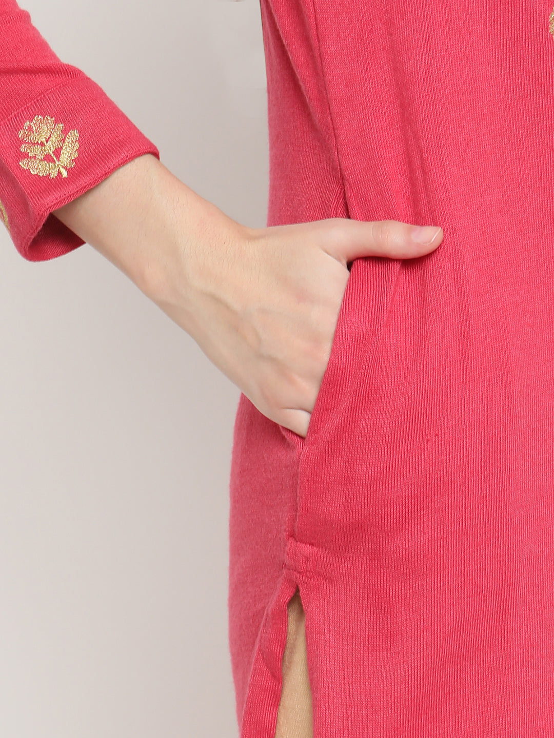 BeIndi Knitted  Women Winter Pink Embroidered Yoke Design Kurta