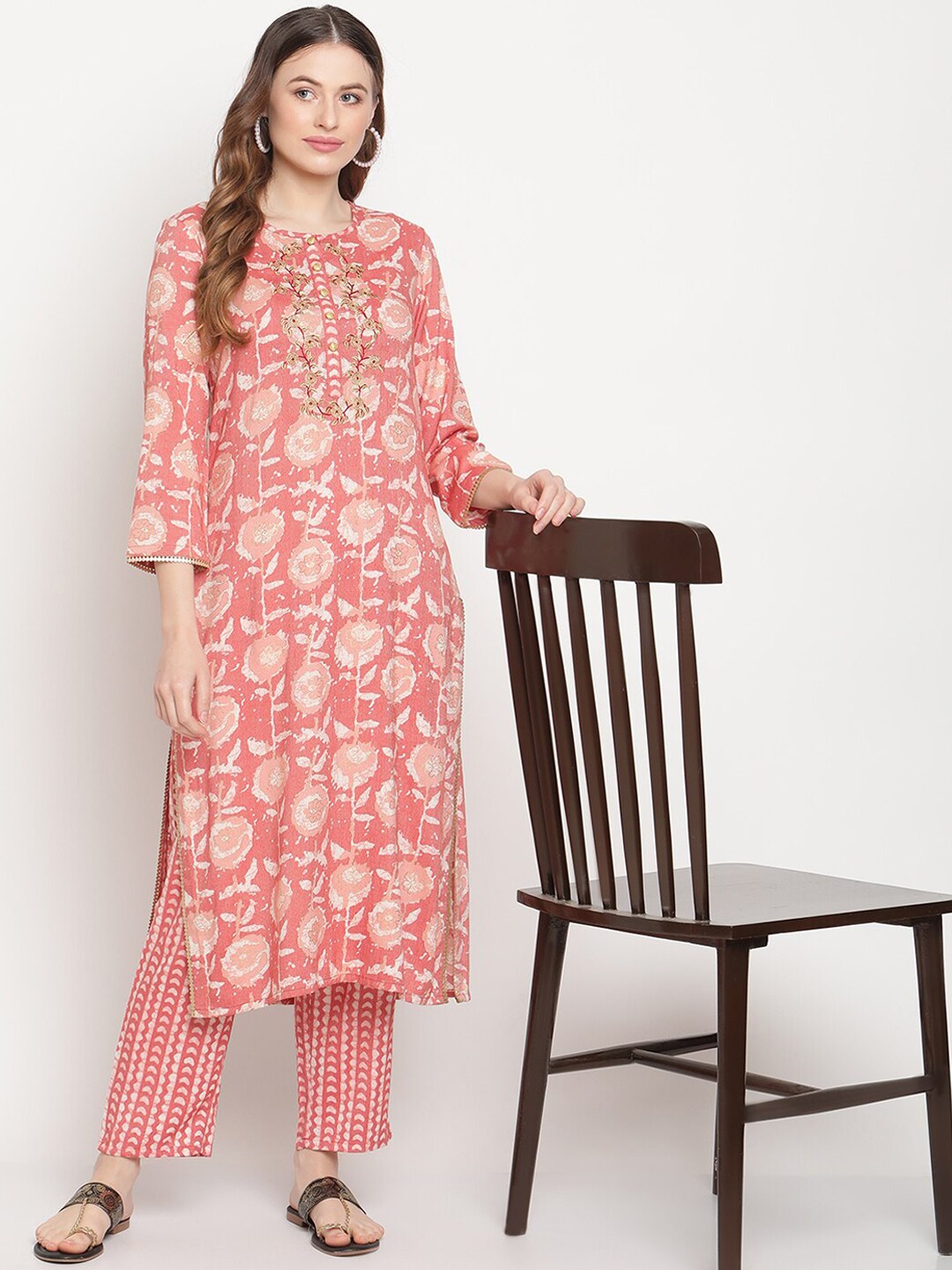 Be Indi Women Peach-Coloured Floral Printed Kurta with Trousers