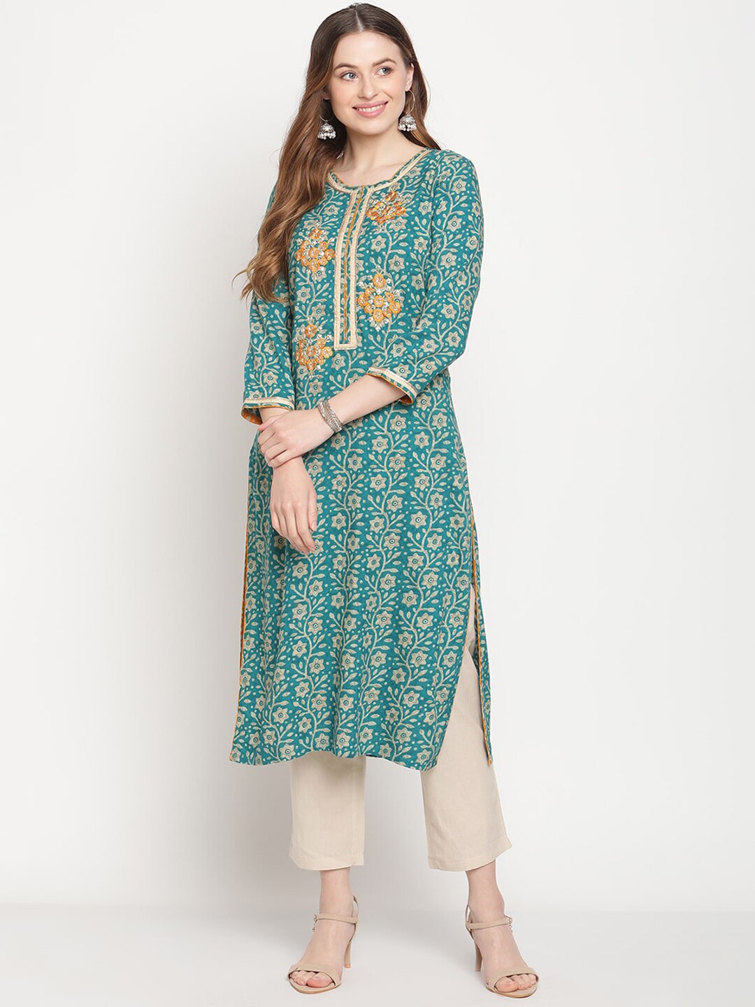 Be Indi Women Teal Color Printed Multi Thread And Mirror Work Detailing Kurta