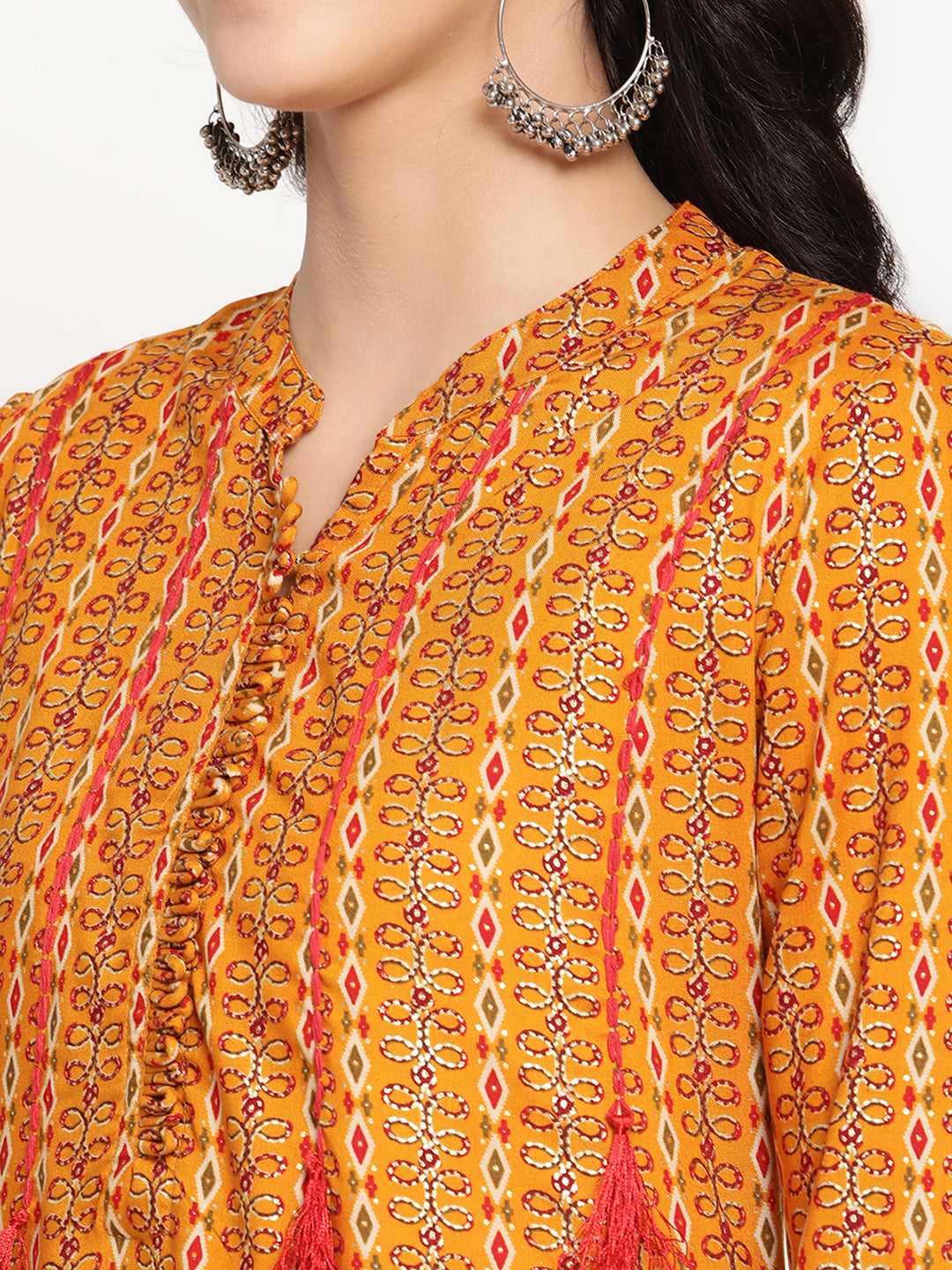 Be Indi Women Mustard Foil Printed Red Color Thread Work Detailing kalidar anarkali Dress