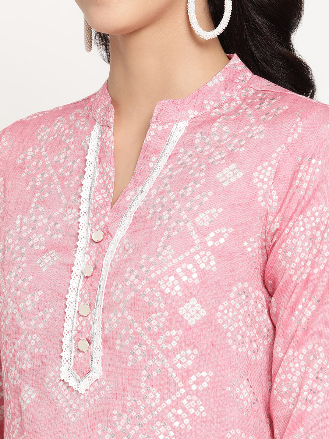 Be Indi Women Pink Silver Printed Crochet Lace And Fancy Button And GottaPatti Detailing Kurta