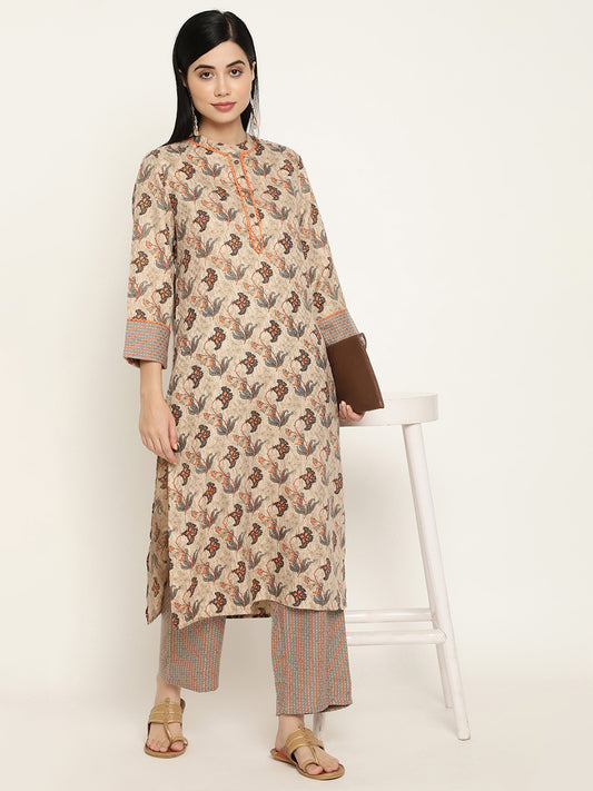 BeIndi Women's Beige & Orange Printed Pashmina Mandarin Collar Kurta,Cuff & Lace Detailing And Pant