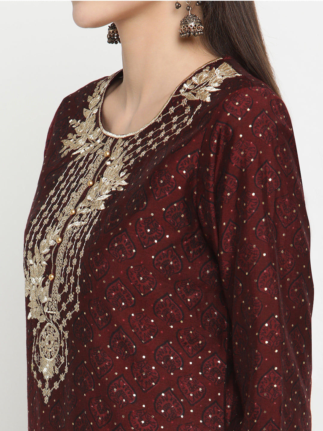 BeIndi Women Maroon Embroidered Kurta With Sharara Set
