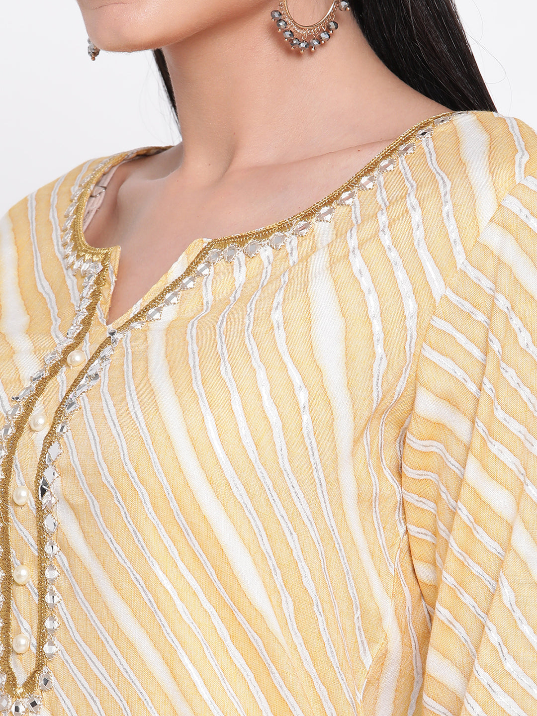 Be Indi Women Yellow Leheriya Printed Golden Zari Work Embroidered With Pearl Button Detailing Kurta