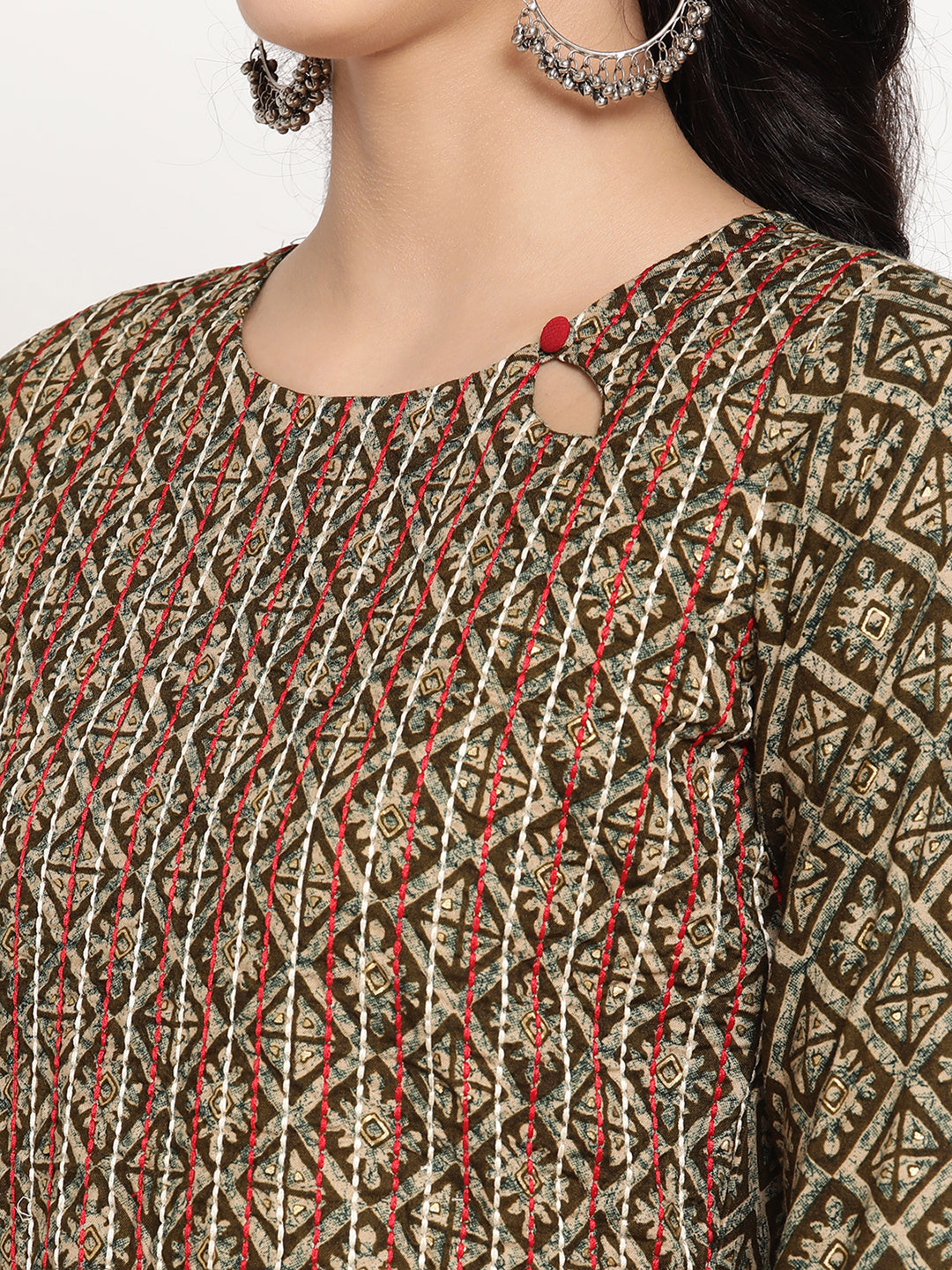 Be Indi Women Green Printed Running Stitch Embroidered With Red Tessel Box Pleat Maxi Dress