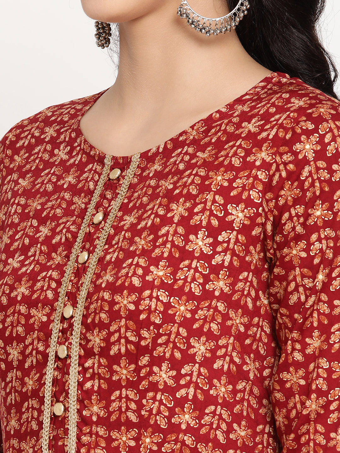 Be Indi Women Maroon Foil Printed Pearl Matt Finish Sequence Detailing Maxi Dress