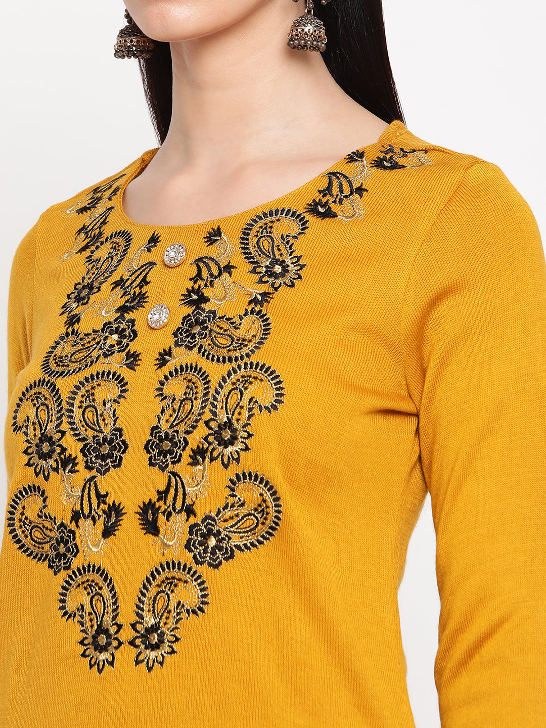 Be Indi Women Winter Daffodil Mustard Embroidered Yoke Design  Straight Kurta With Trouser & Dupatta