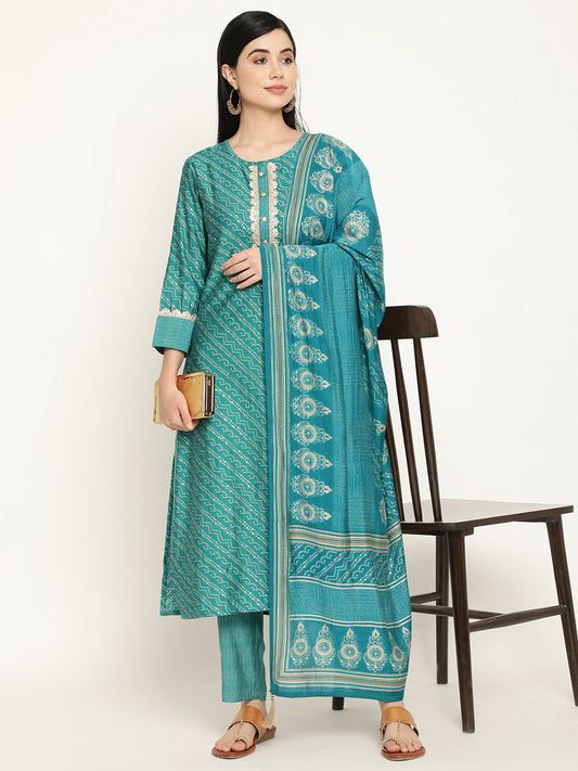 BeIndi Women's Turquoise Chanderi Printed Kurta With Lace Pant And Dupatta With Golden Moti Tassels