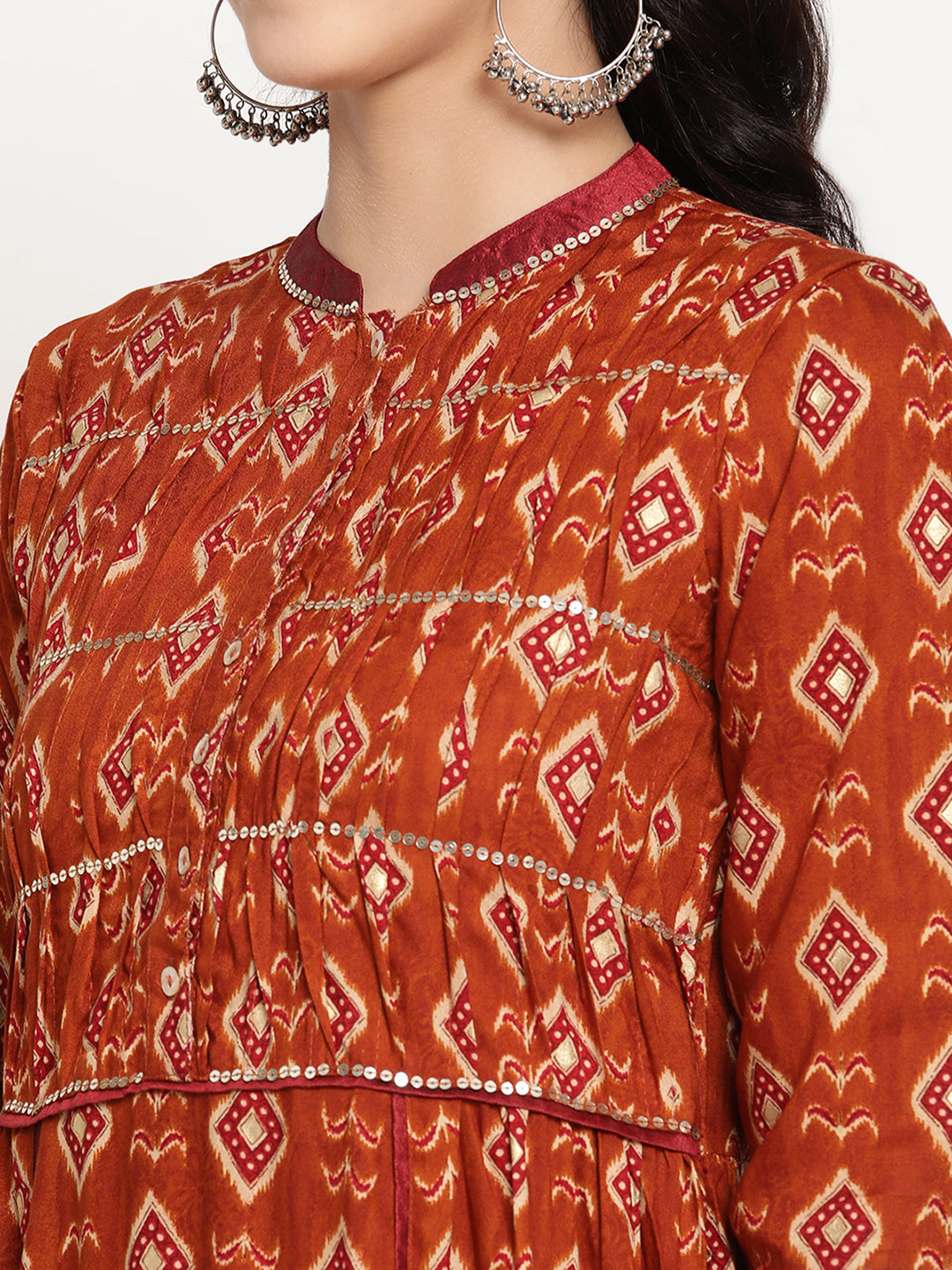 Be Indi Women Rust Maroon ikat Printed Pintuck Yoke Design With Sequence Work Detailing Maxi Dress
