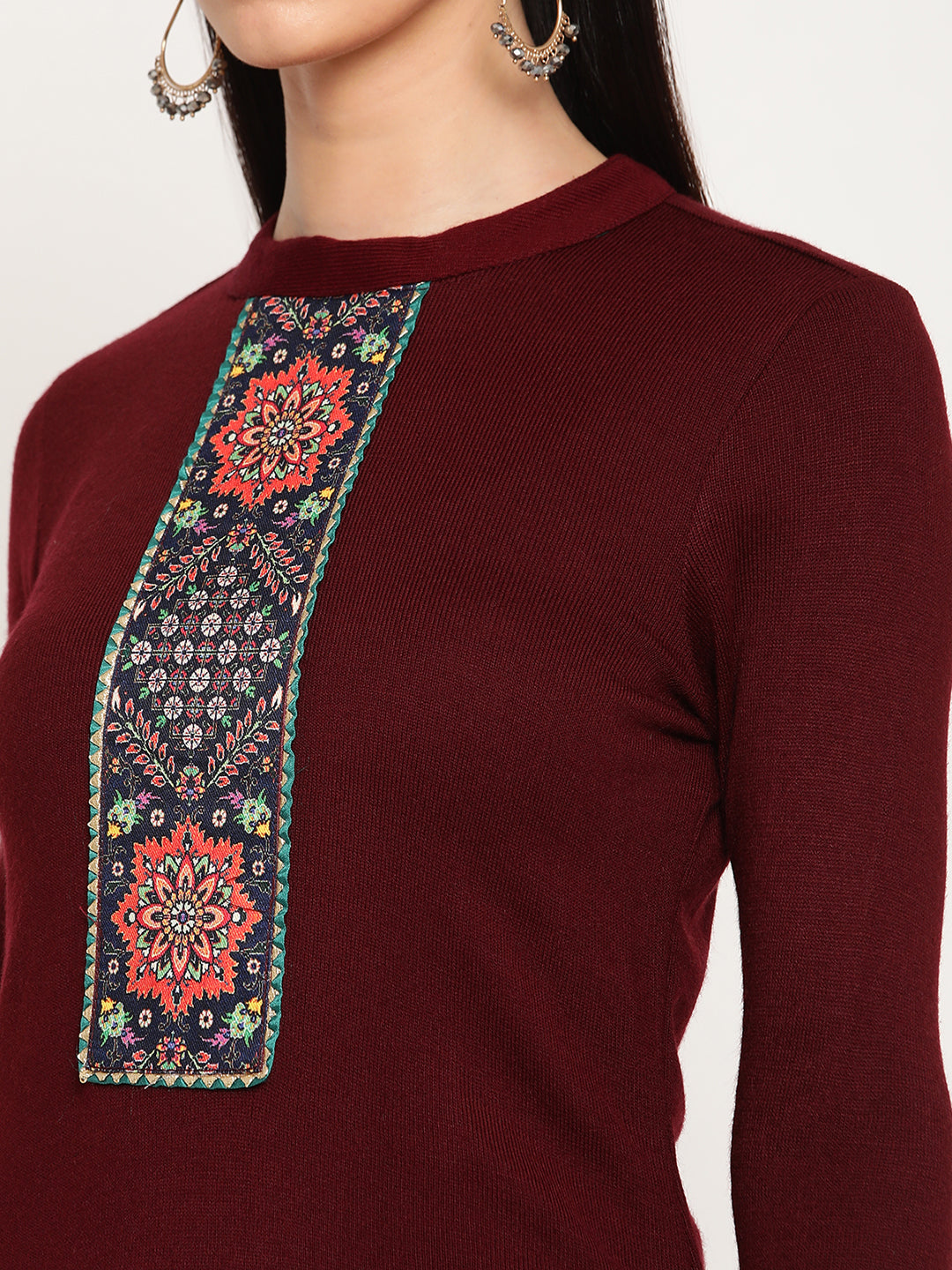 Be Indi Women Winter Daffodil Maroon Yoke Design  Straight Kurta With Trouser &  Printed Dupatta.