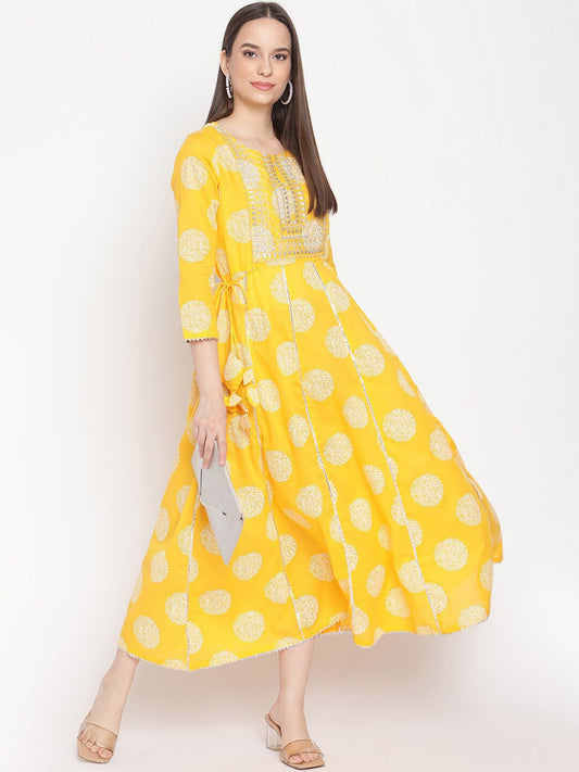 Be Indi Mustard Yellow & White Ethnic Motifs Ethnic Maxi Dress