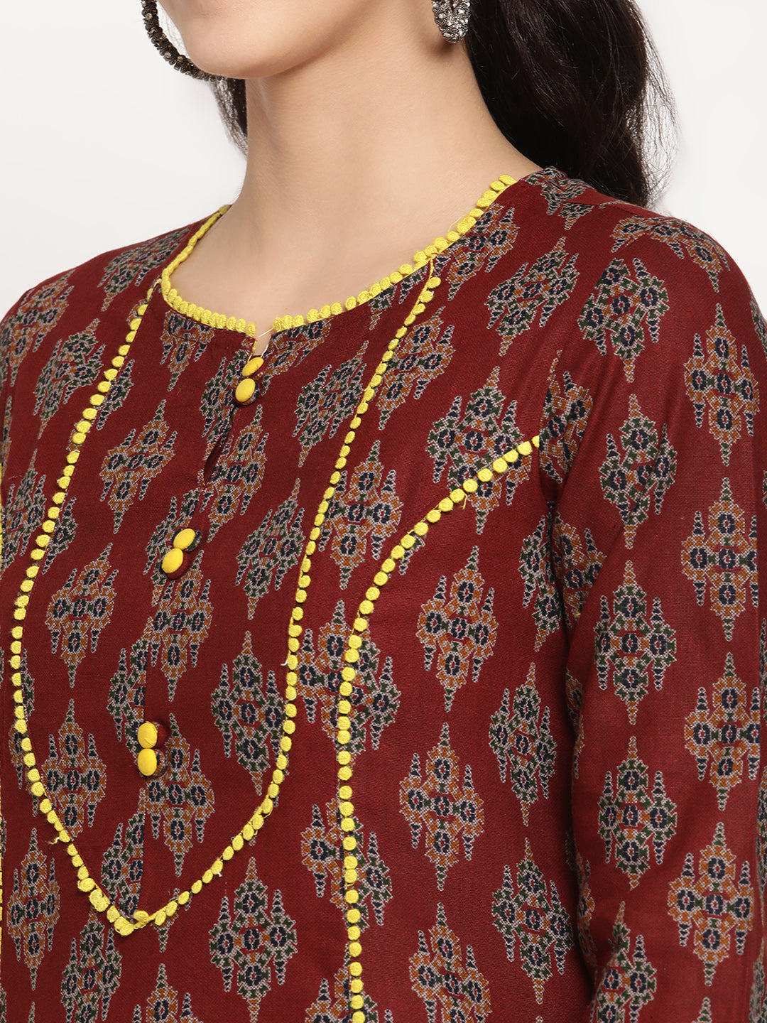 Be Indi Women Maroon Printed Princess Line With Yellow Color Cotton Lace And Fabric Detailing Kurta