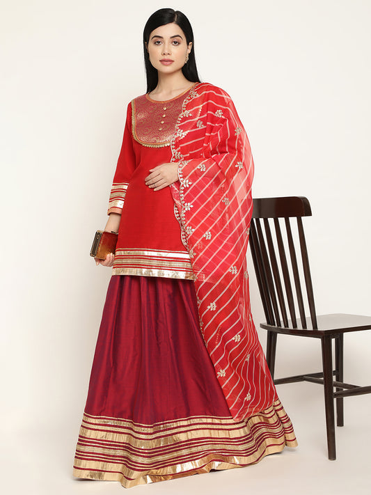 BeIndi Women's Red, Jacquard Yoke Design Kurta With Kali Skirt, Detailed Tassels & Lehriya Dupatta