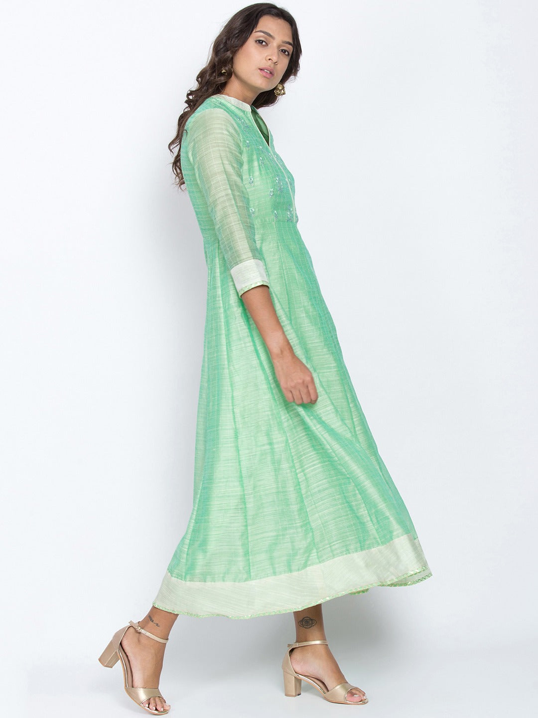 Be Indi Women Green Embroidered A-Line Dress