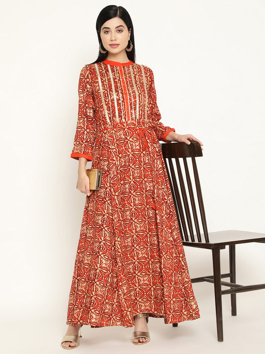 BeIndi Women's Orange Foil Printed Mandarin Collar Dress, Fancy Laces & Fabric Tassels Detailing .