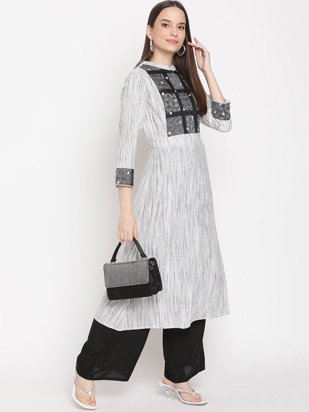 BeIndi Women Black & White Yoke Design Thread Work Khadi Kurta